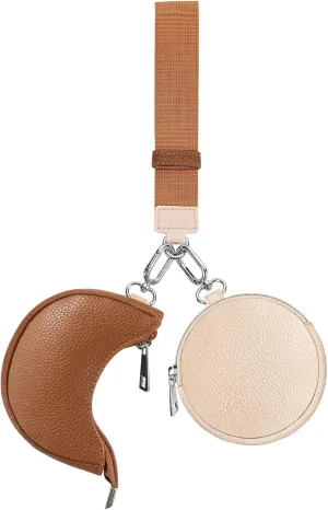 Dual Pouch Wristlet Keychain Wallet Double keychain wallets Mini Pouch Coin Purse Women Coin Detachable Wrist Zip Bag (Pinkg&Brown)