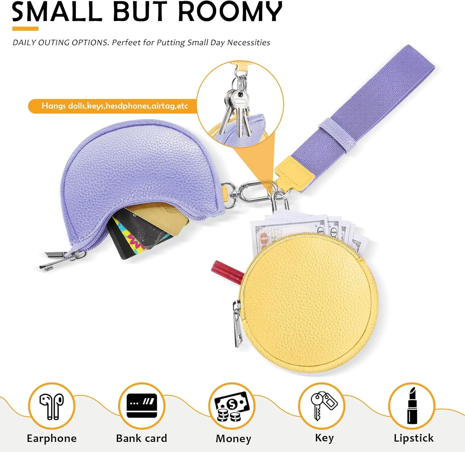 Dual Pouch Wristlet Keychain Wallet Double keychain wallets Mini Pouch Coin Purse Women Coin Detachable Wrist Zip Bag (Yellow&Purple)