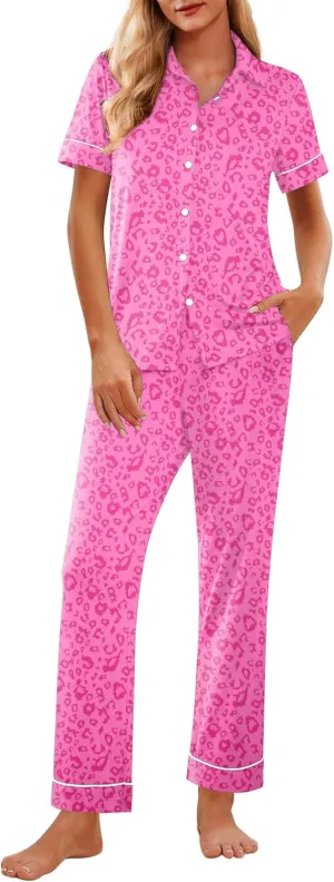 Ekouaer Women 2 Piece Pajamas Set Button Down Short Sleeve Pjs Set Soft Lounge Set with Long Pants S-XXL