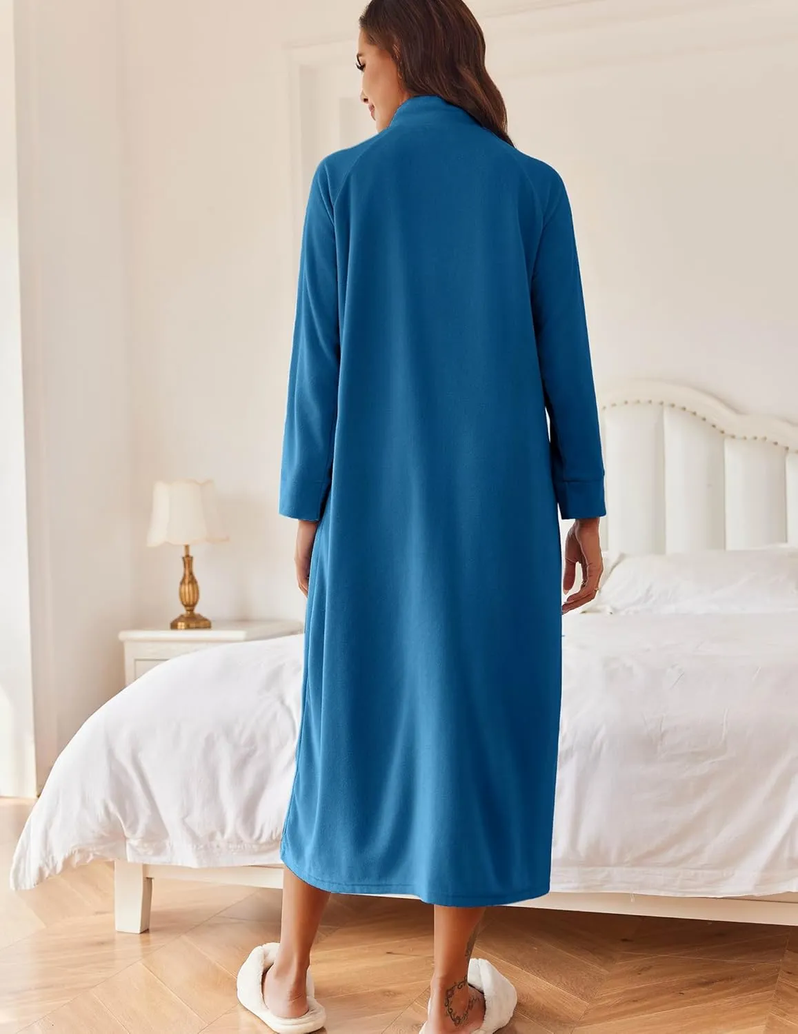 Ekouaer Women Zipper Robe Long Sleeves House Coat Soft Bathrobe Sleepwear with Pockets Housecoat Loungewear S-XXL