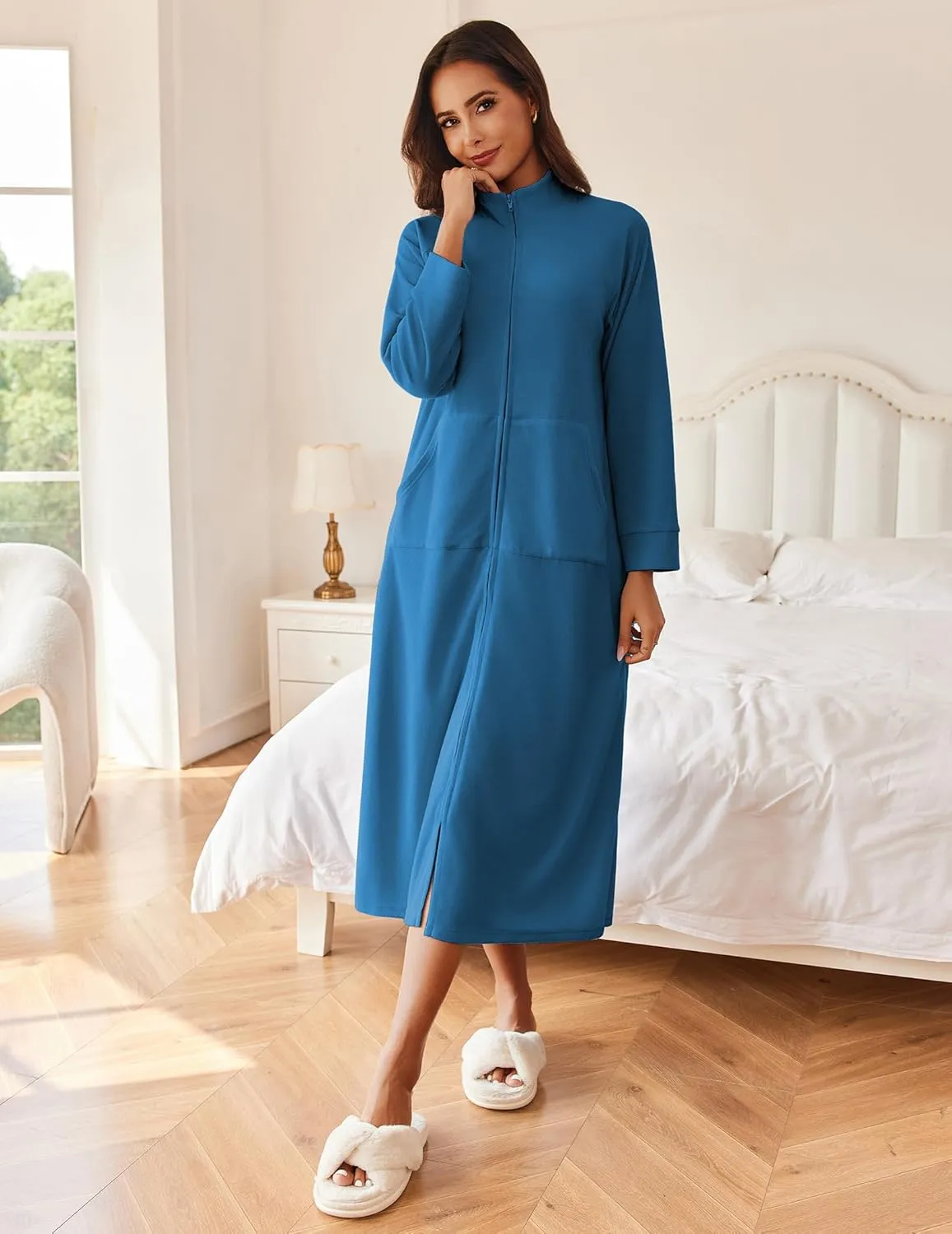 Ekouaer Women Zipper Robe Long Sleeves House Coat Soft Bathrobe Sleepwear with Pockets Housecoat Loungewear S-XXL