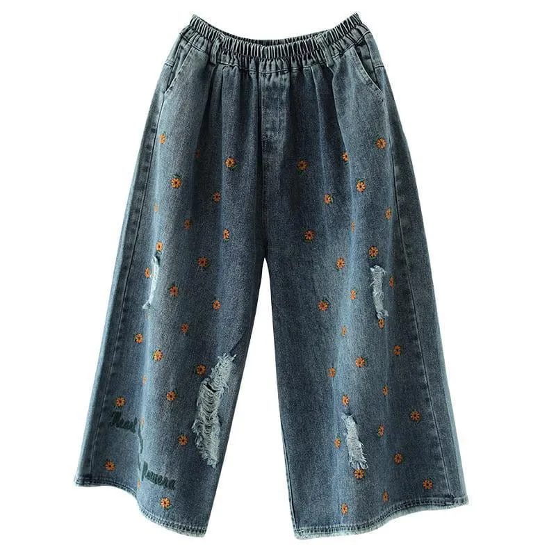 Embroidery Ripped Denim Pants