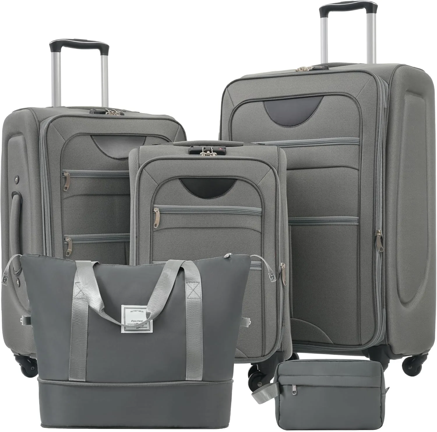 Expandable 3 Piece Luggage Set with Duffel Bag, Softshell Lightweight Spinner, TSA Lock, Grey