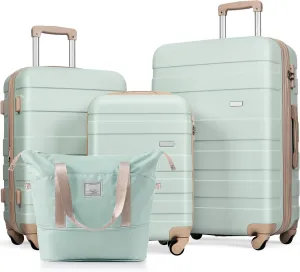 Expandable ABS Durable Luggage Set, 4 Piece Suitcase with Carry On Travel Bag, 360 Spinner Wheels, Grey Green