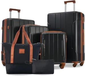 Expandable Lightweight Luggage, Hard Shell Luggage Set 6-Piece Set with Wheels, TSA Lock, Adjustable Handle, Suitable for Outdoor Travel, Black