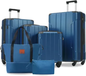 Expandable Lightweight Luggage, Hard Shell Luggage Set 6-Piece Set with Wheels, TSA Lock, Adjustable Handle, Suitable for Outdoor Travel, Blue