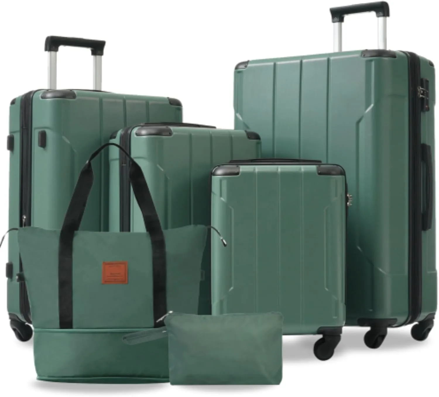 Expandable Lightweight Luggage, Hard Shell Luggage Set 6-Piece Set with Wheels, TSA Lock, Adjustable Handle, Suitable for Outdoor Travel, Green