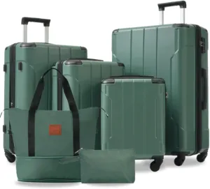 Expandable Lightweight Luggage, Hard Shell Luggage Set 6-Piece Set with Wheels, TSA Lock, Adjustable Handle, Suitable for Outdoor Travel, Green