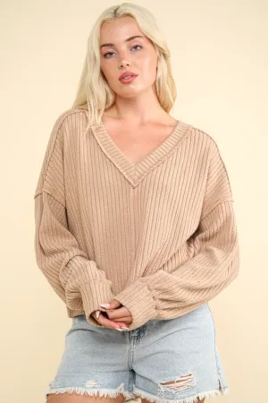 Exposed Seam V-Neck Ribbed Knit Top
