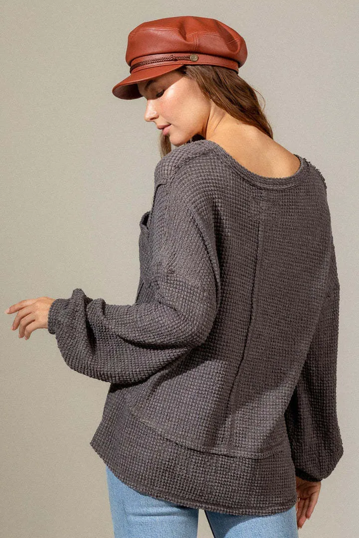 Fashion V-Neck Long Sleeve Loose Knit Sweatshirt