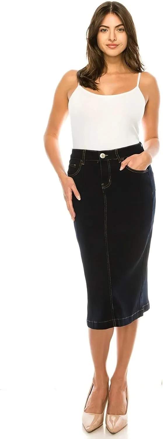 Fashion2Love Women's Juniors/Plus Size Calf - Length Stretch Denim Pencil Skirt (79038)