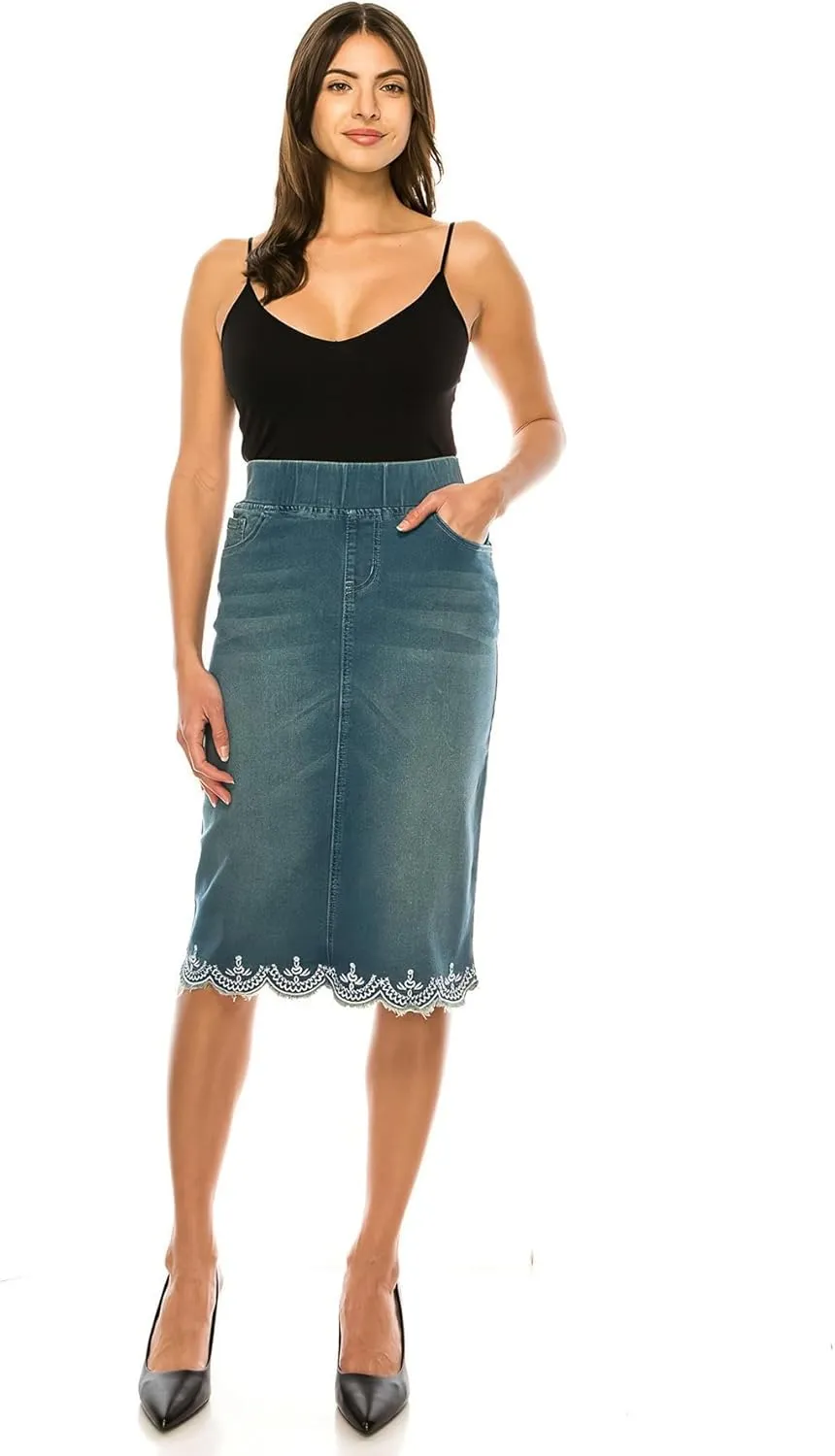 Fashion2Love Women's Juniors/Plus Size Elastic Waist Pencil Stretch Denim Skirt (79039)