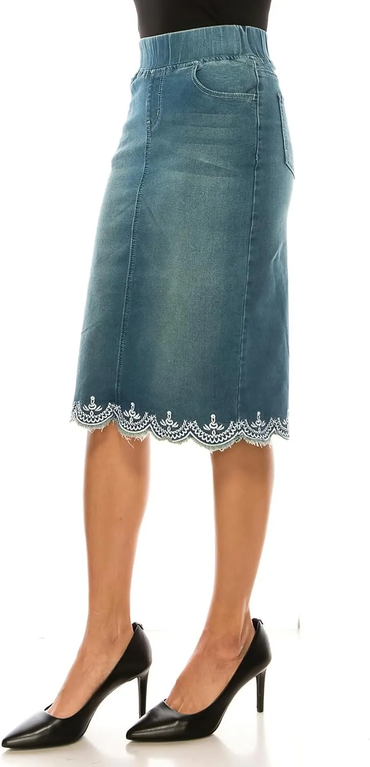 Fashion2Love Women's Juniors/Plus Size Elastic Waist Pencil Stretch Denim Skirt (79039)