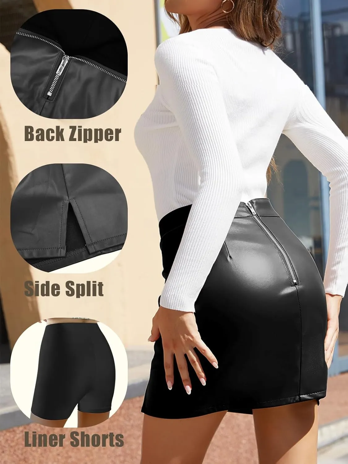 Faux Leather Skirts for Women High Waisted Bodycon Pleather Pencil Mini Skirt with Shorts