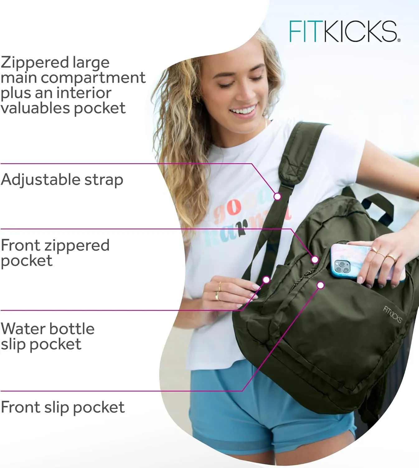 FITKICKS Hideaway Packable Zippered Backpack Hiking Camping Outdoor Sport Travel Backpack Daypack for Women