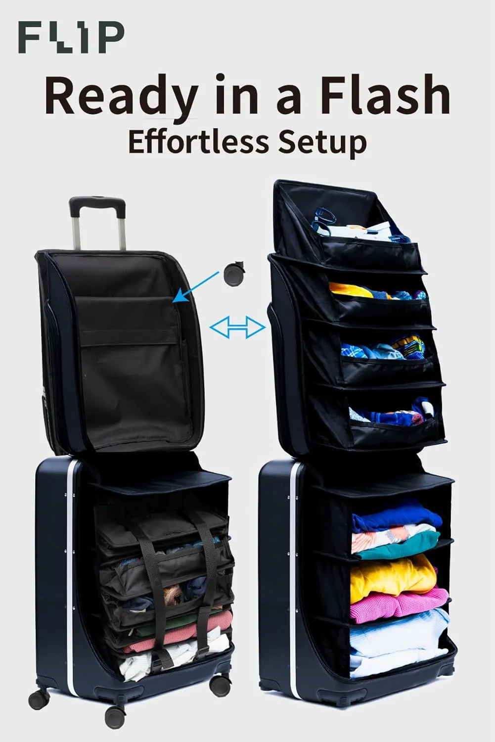 FLIP The Suitcase That Turns Into a Shelf 47L Carry-On Lightweight Polycarbonate Silent Detachable Wheels TSA Lock Front-Open PC Cabin Approved for Business Travel Easy Caster Replacement (Black)
