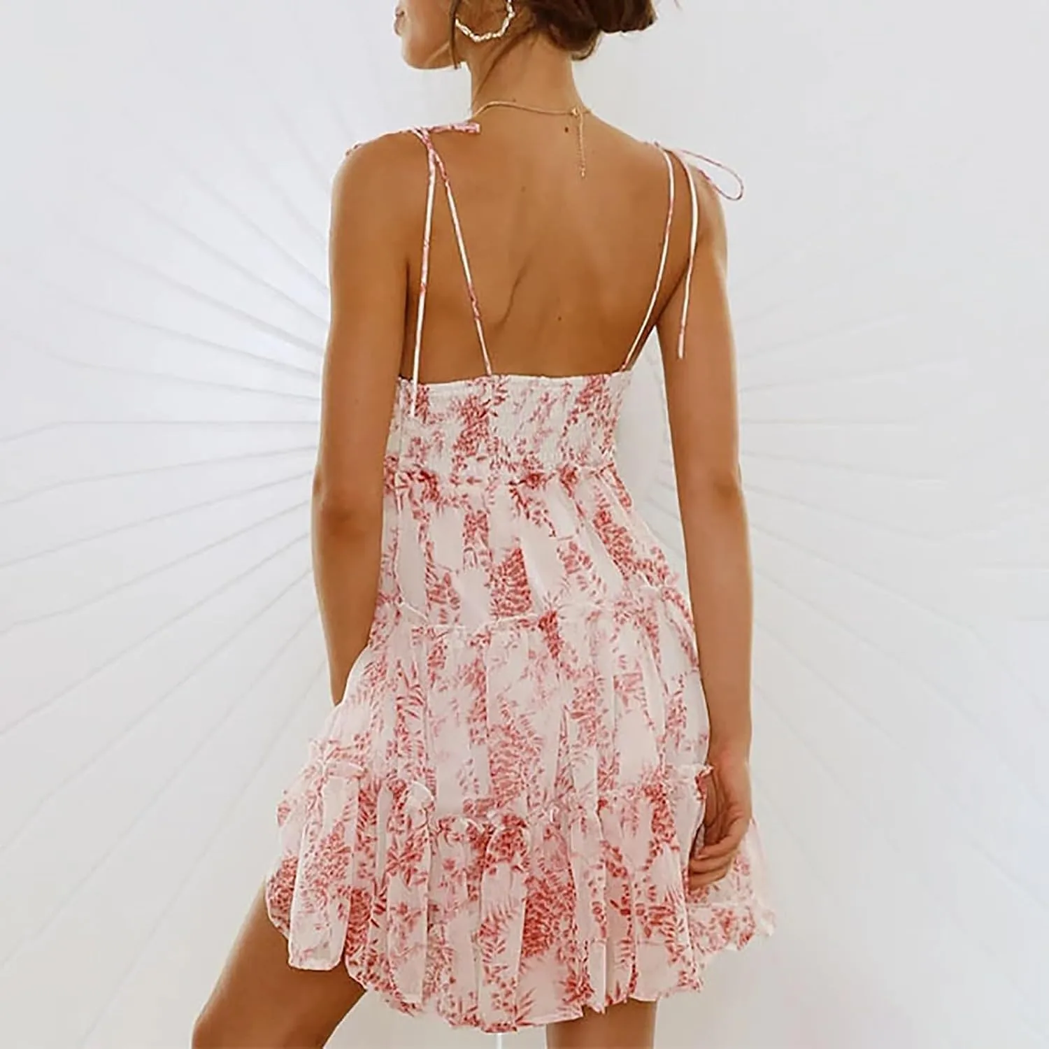 Floral Dress for Women Flowy Chiffon Spaghetti Strap Tiered Ruffle Mini Dress Casual Summer Cute Beach Sundress
