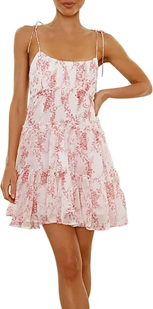 Floral Dress for Women Flowy Chiffon Spaghetti Strap Tiered Ruffle Mini Dress Casual Summer Cute Beach Sundress