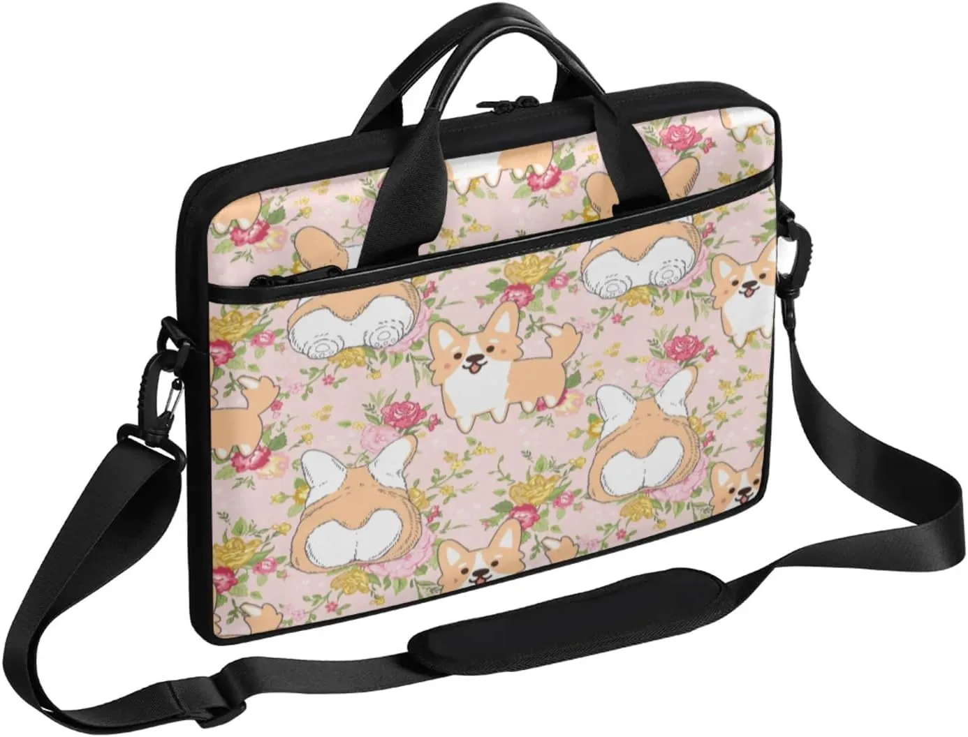 Flowering Cute Dog Laptop Case Bag with Detachable Strap Waterproof Laptop Bag Notebook Carrying Case 15.6 inch Laptop Sleeve Bag for Men Women Work Travel