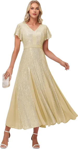 Formal Dresses for Women V-Neck Wedding Guest Dress Sparkly Sequin Midi Length Elegant Ball Gown