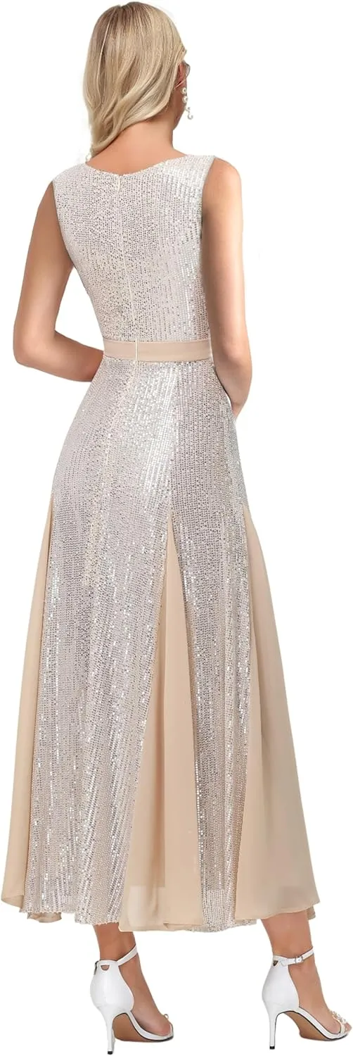 Formal Dresses for Women V-Neck Wedding Guest Dress Sparkly Sequin Midi Length Elegant Ball Gown