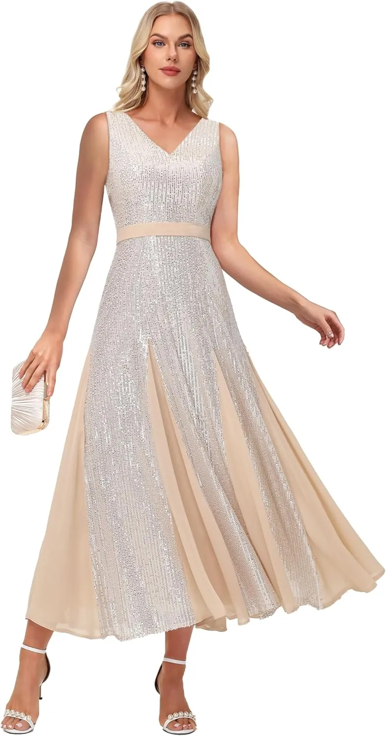 Formal Dresses for Women V-Neck Wedding Guest Dress Sparkly Sequin Midi Length Elegant Ball Gown