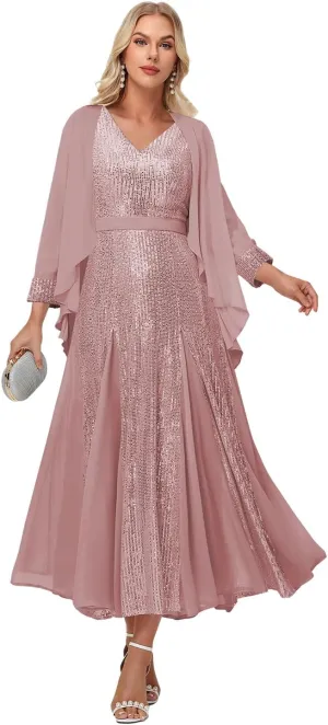 Formal Dresses for Women V-Neck Wedding Guest Dress Sparkly Sequin Midi Length Elegant Ball Gown
