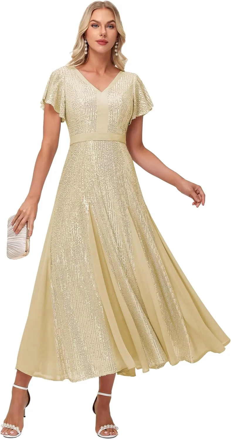 Formal Dresses for Women V-Neck Wedding Guest Dress Sparkly Sequin Midi Length Elegant Ball Gown