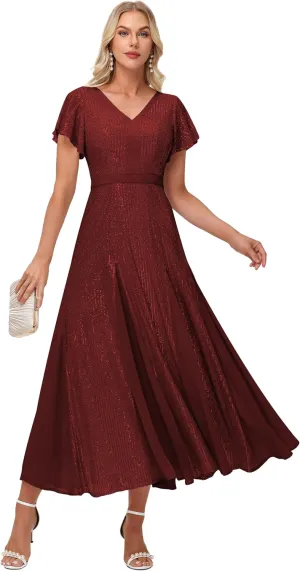 Formal Dresses for Women V-Neck Wedding Guest Dress Sparkly Sequin Midi Length Elegant Ball Gown