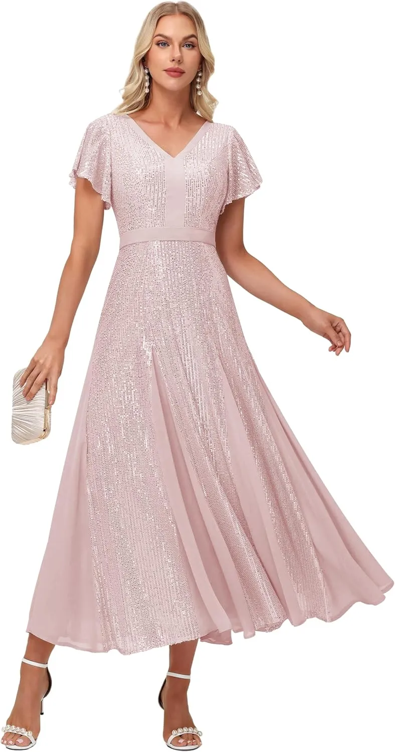 Formal Dresses for Women V-Neck Wedding Guest Dress Sparkly Sequin Midi Length Elegant Ball Gown