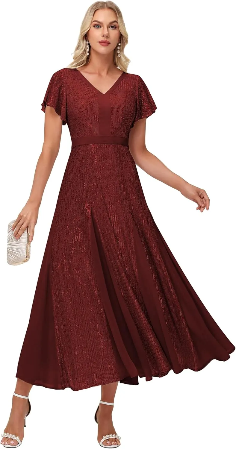 Formal Dresses for Women V-Neck Wedding Guest Dress Sparkly Sequin Midi Length Elegant Ball Gown