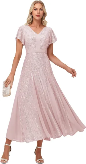 Formal Dresses for Women V-Neck Wedding Guest Dress Sparkly Sequin Midi Length Elegant Ball Gown