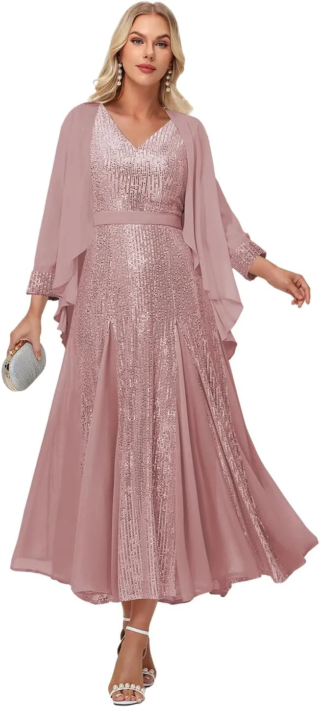 Formal Dresses for Women V-Neck Wedding Guest Dress Sparkly Sequin Midi Length Elegant Ball Gown