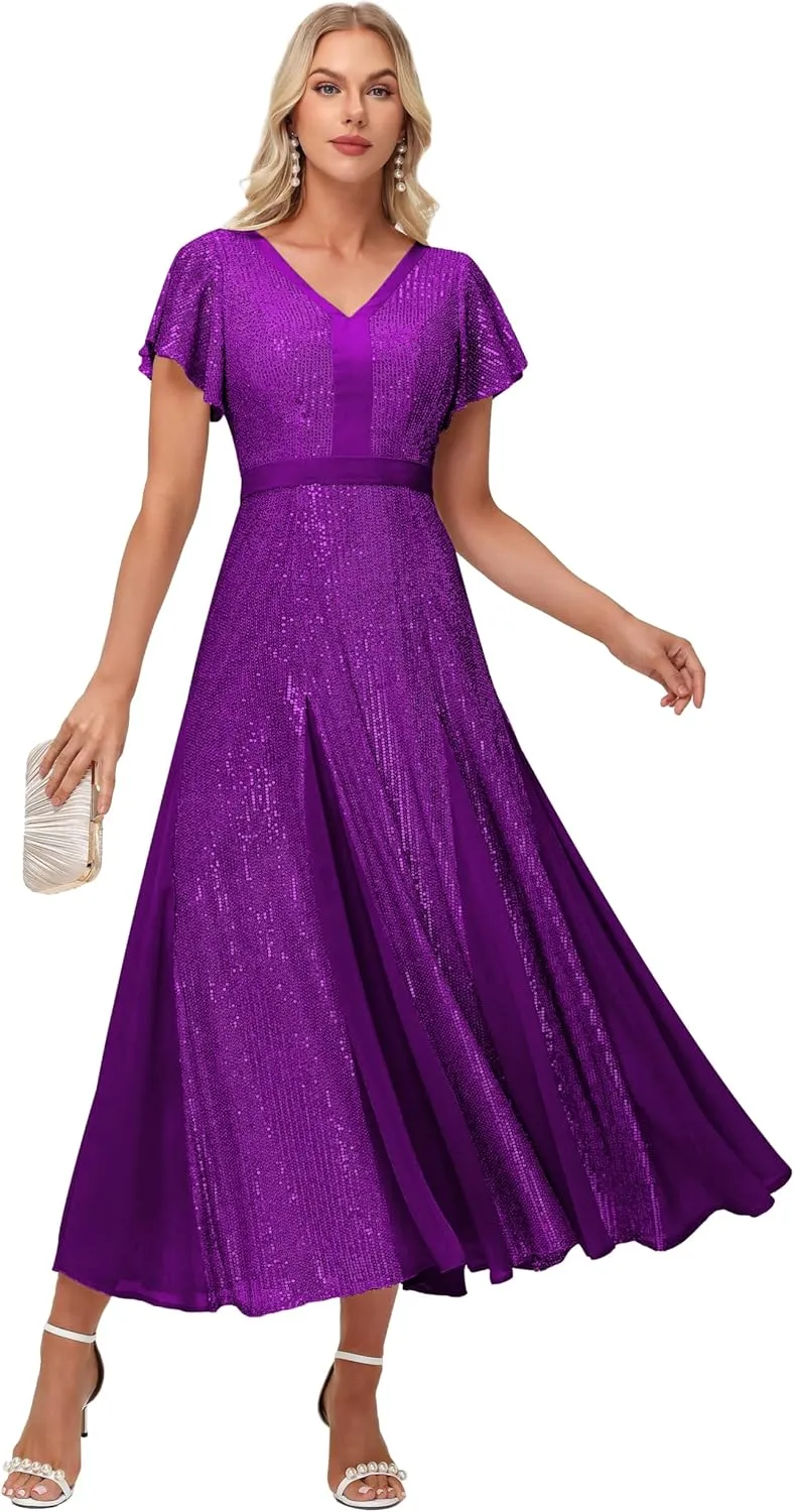 Formal Dresses for Women V-Neck Wedding Guest Dress Sparkly Sequin Midi Length Elegant Ball Gown