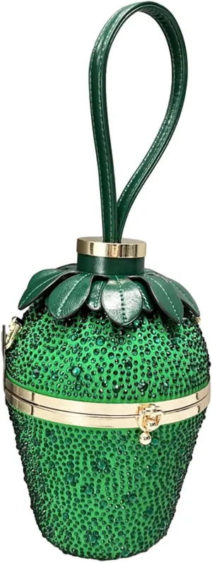 Generic Rhinestone Evening Bag Strawberry Shaped Clutch Handbag Tote Party Wedding Shoulder Bag for Women Cocktail Crossbody Bag, Gn, 5.90x5.90x8.66in