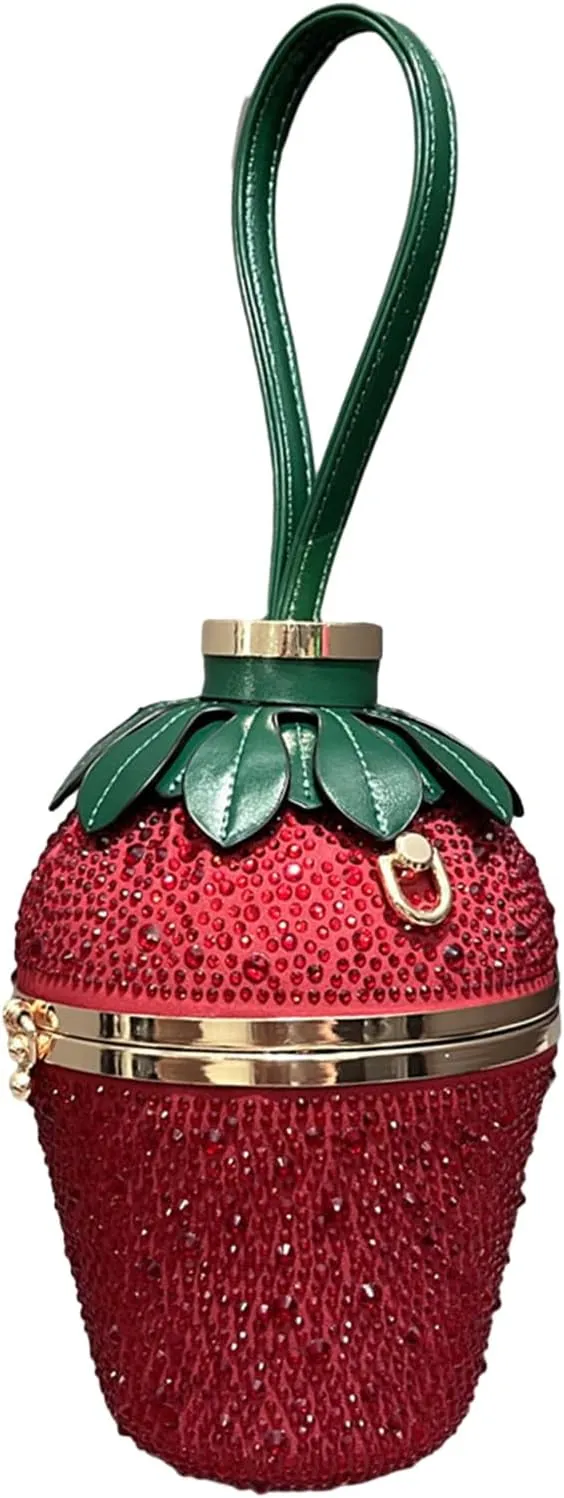 Generic Rhinestone Evening Bag Strawberry Shaped Clutch Handbag Tote Party Wedding Shoulder Bag for Women Cocktail Crossbody Bag, R, 5.90x5.90x8.66in