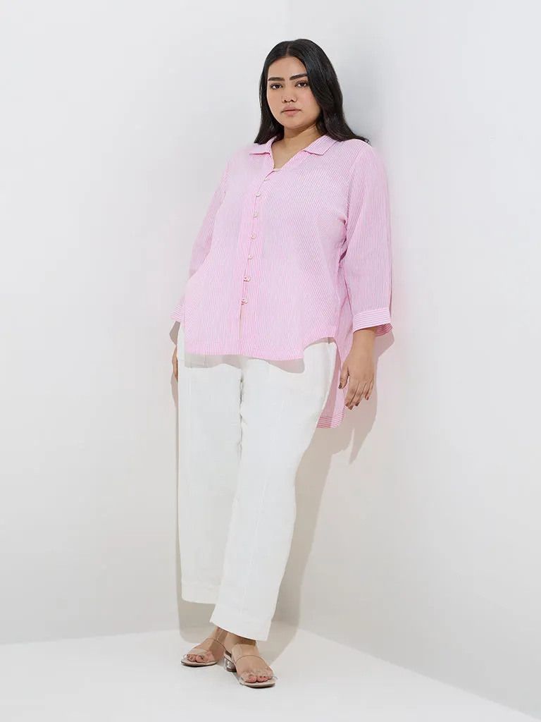 Gia Pink Stripe Patterned High-Low Cotton Blouse