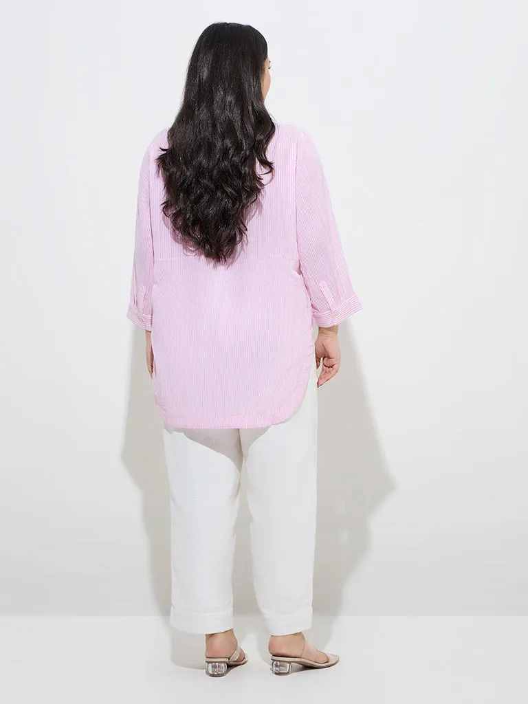 Gia Pink Stripe Patterned High-Low Cotton Blouse
