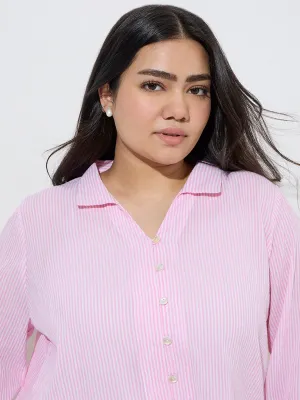 Gia Pink Stripe Patterned High-Low Cotton Blouse