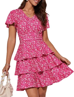 GRACE KARIN Women's Summer Dresses 2025 Floral Short Sleeve V Neck Ruffle Tiered Layered Boho Mini Dress