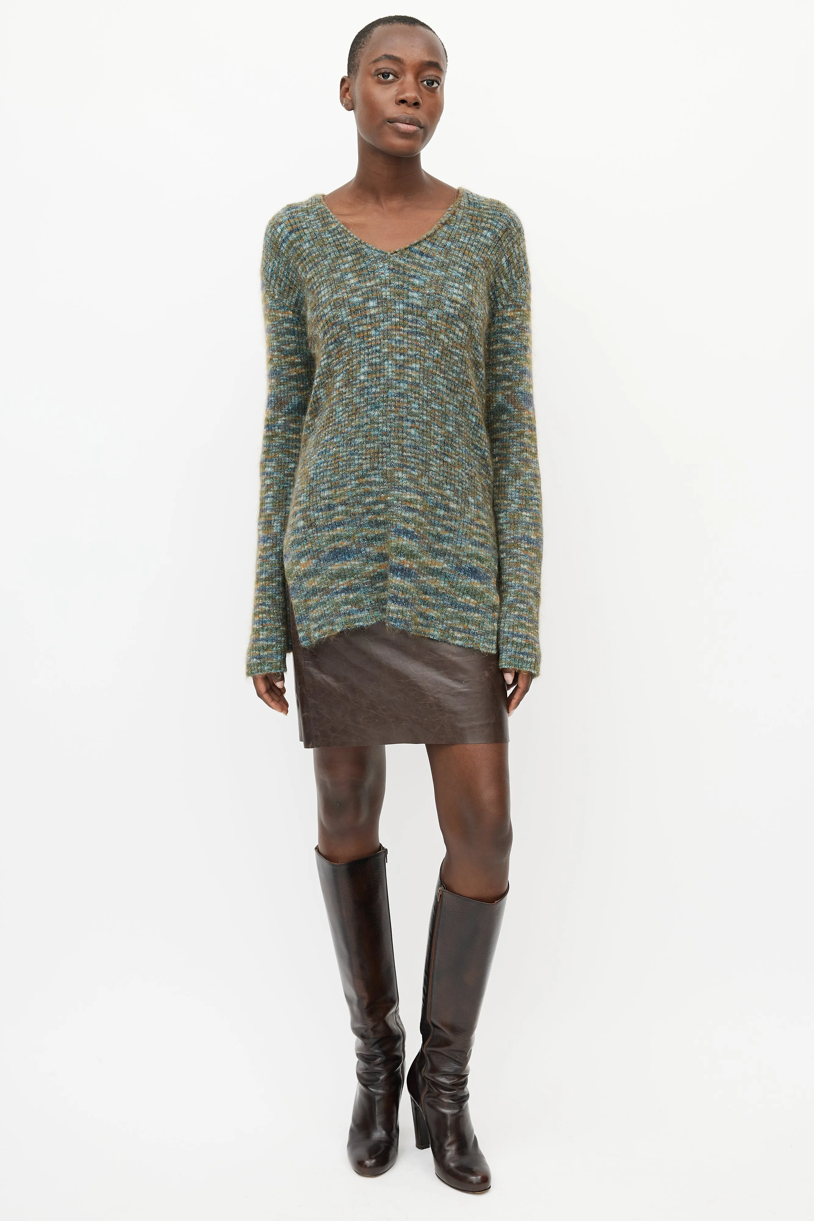 Green & Multi Mohair V-Neck Sweater