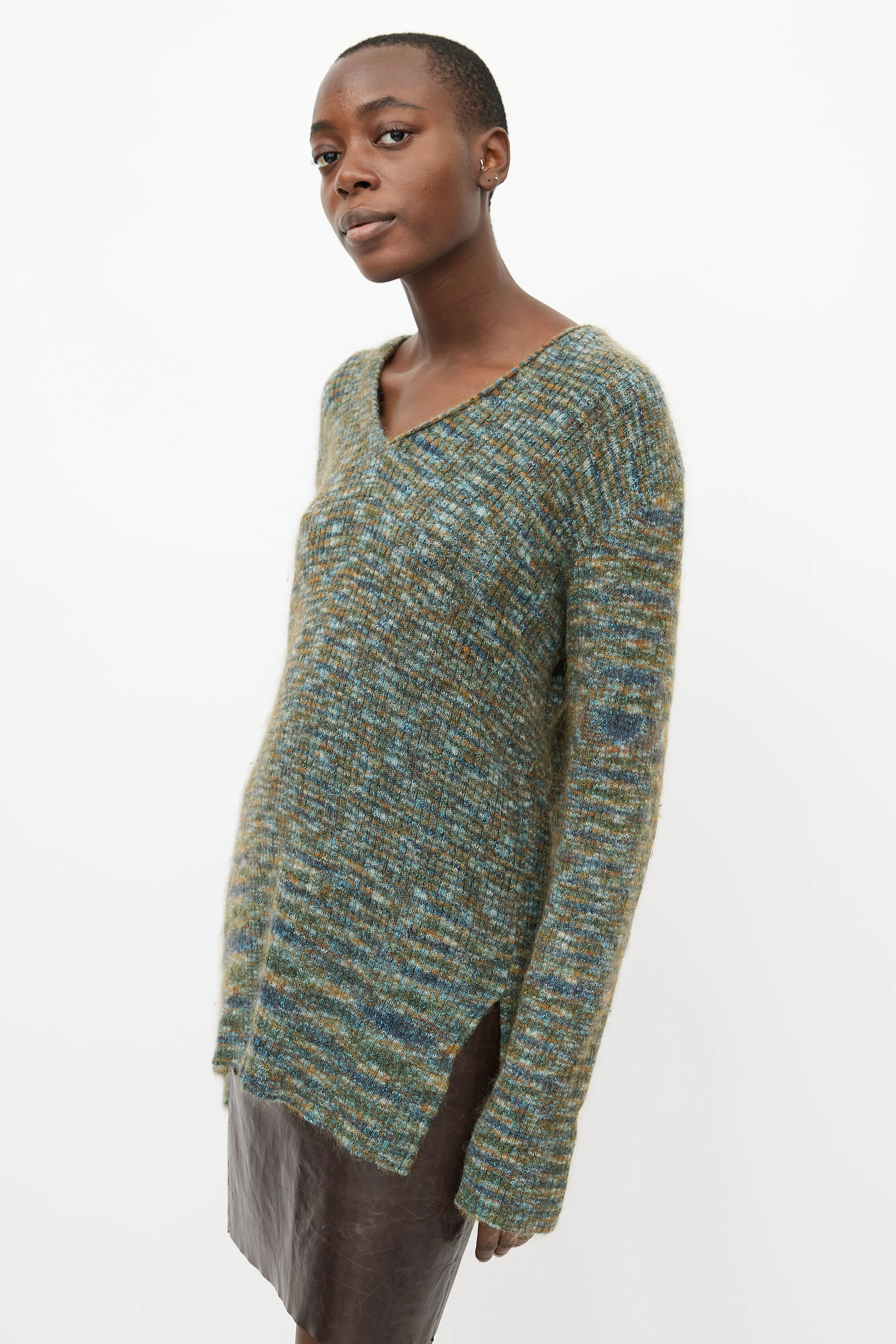 Green & Multi Mohair V-Neck Sweater