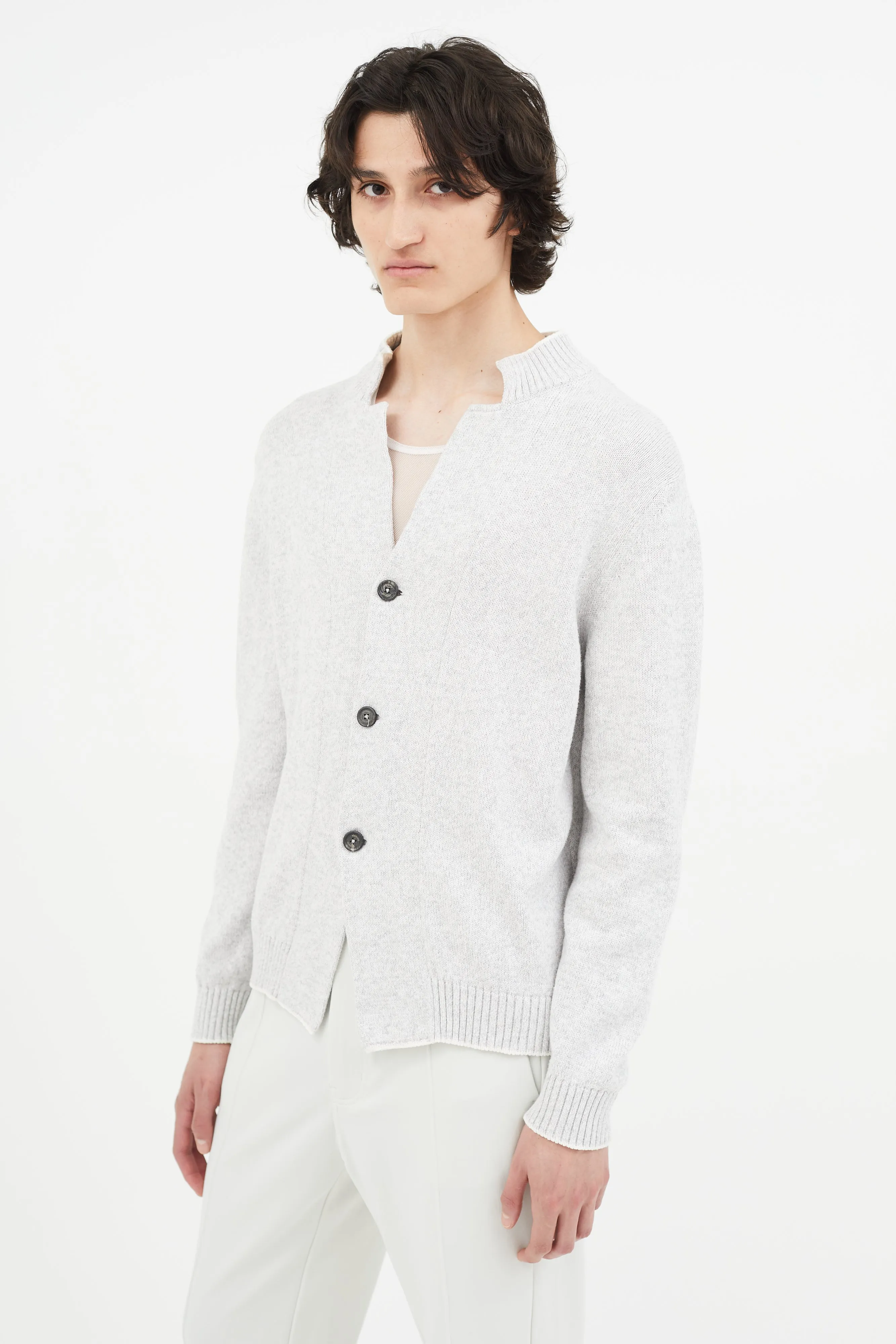 Grey Knit V-Neck Cardigan