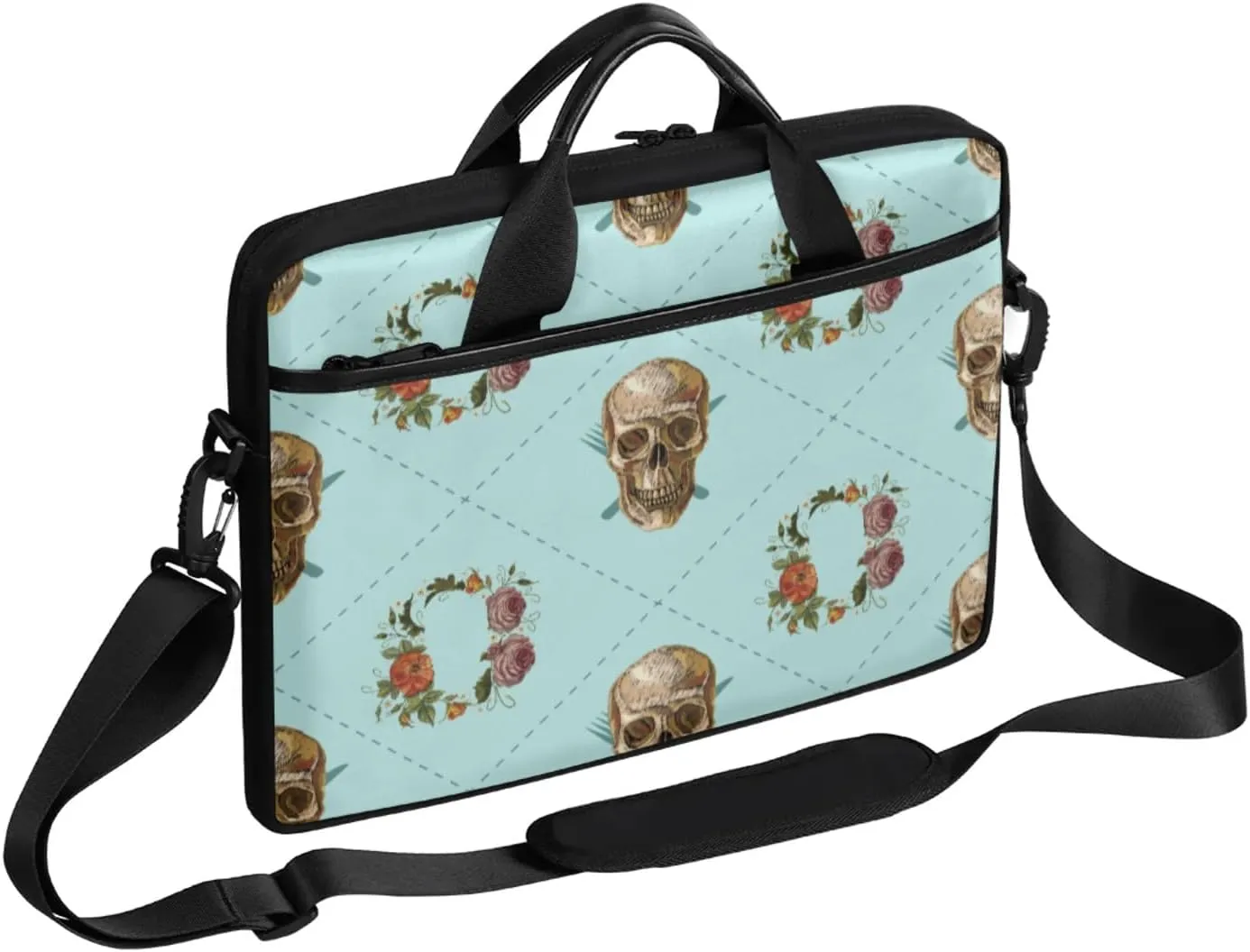 Grid Skull Wreath Laptop Case Bag with Detachable Strap Waterproof Laptop Bag Notebook Carrying Case 15.6 inch Laptop Sleeve Bag for Men Women Work Travel