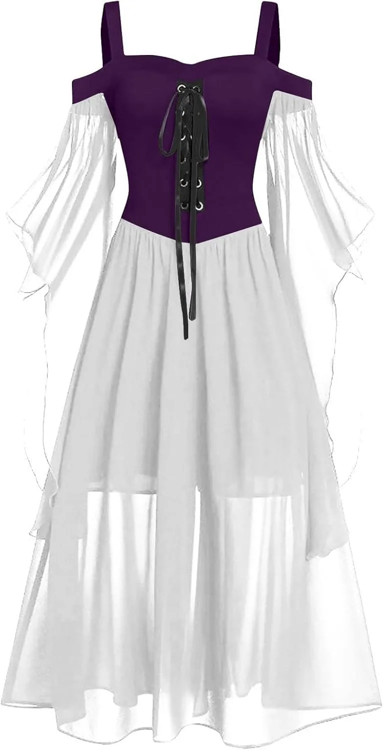 Halloween Costume Dresses for Women Plus Size Cold Shoulder Butterfly Sleeve Gothic Party Dress 2024