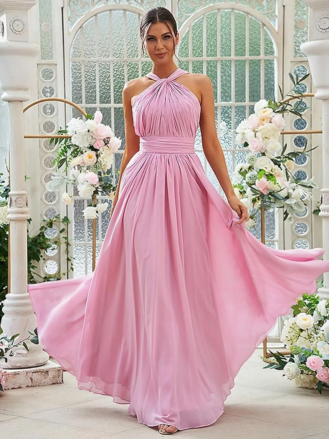 Halter Chiffon Bridesmaid Dresses for Women 2024 Pleated Long Formal Gown Evening Gown