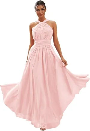 Halter Chiffon Bridesmaid Dresses for Women 2024 Pleated Long Formal Gown Evening Gown