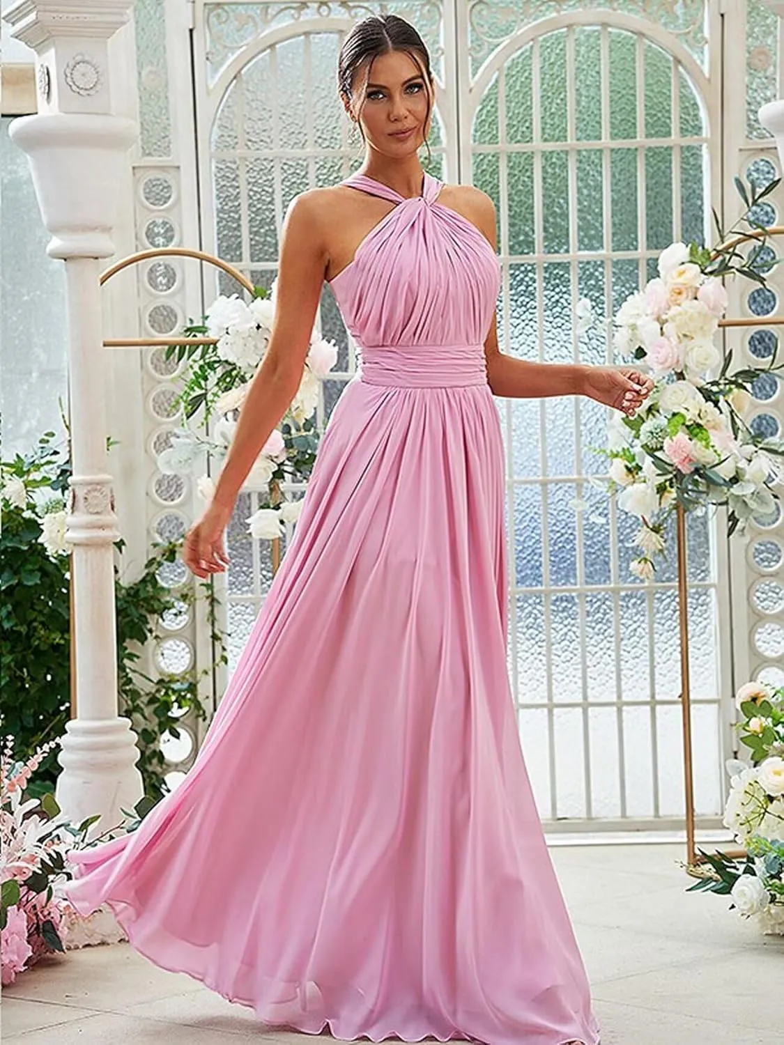 Halter Chiffon Bridesmaid Dresses for Women 2024 Pleated Long Formal Gown Evening Gown