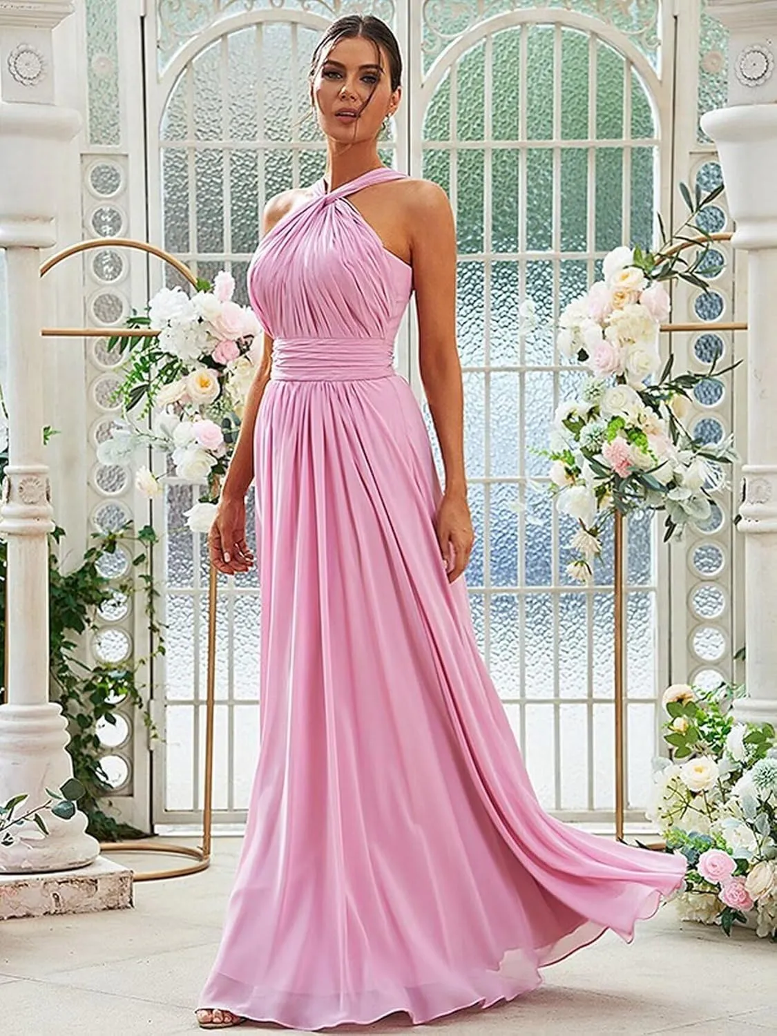 Halter Chiffon Bridesmaid Dresses for Women 2024 Pleated Long Formal Gown Evening Gown