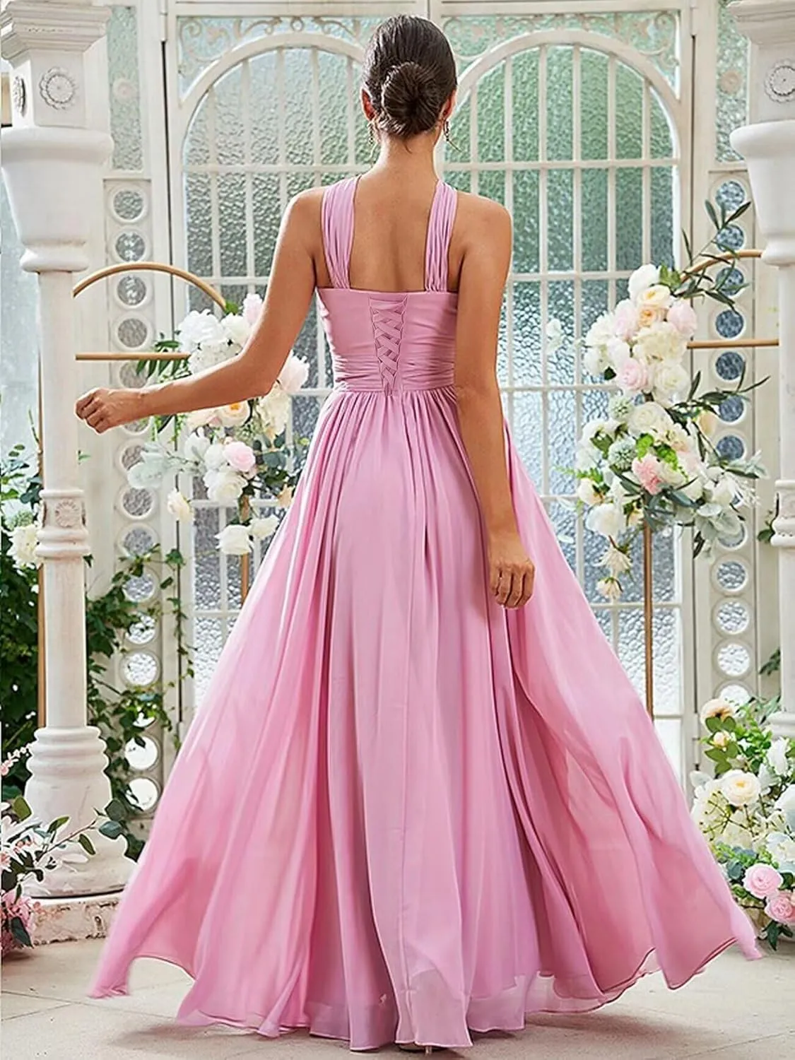 Halter Chiffon Bridesmaid Dresses for Women 2024 Pleated Long Formal Gown Evening Gown